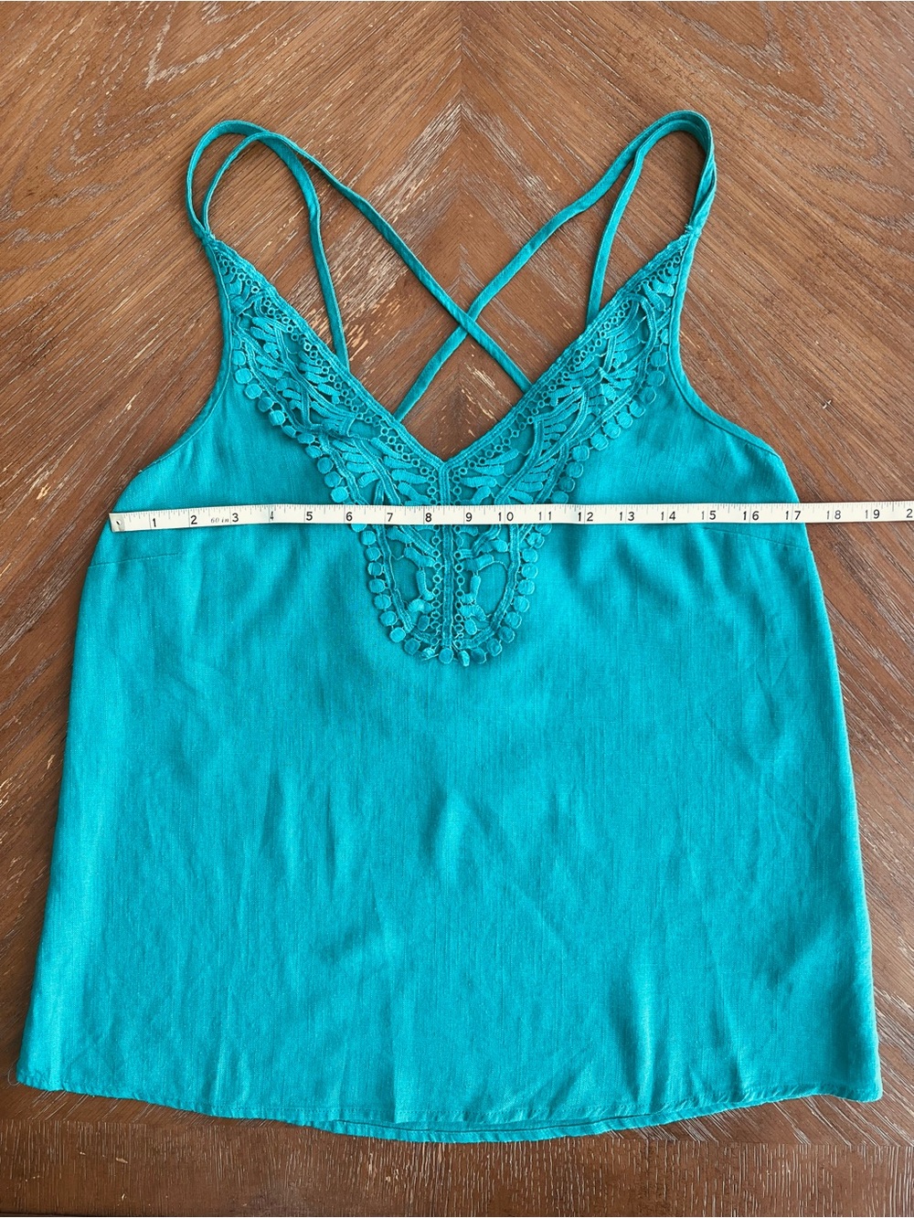 Umgee Teal Crochet-Trim Linen Casual Crisscross Camisole boutique - Picture 3 of 8